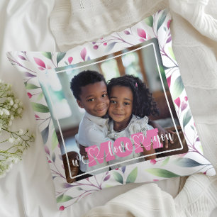Coussin We Love You Mom Photo Pink Floral Fête des mères