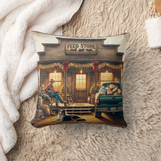 Coussin Western Rustic Country Feed Store Noël (Couverture)