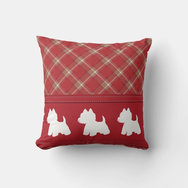 Coussin Westies sur tartan rouge (Recto)