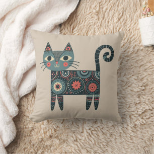 Coussin Whimsical Folk Art Retro Boho Chat Beige