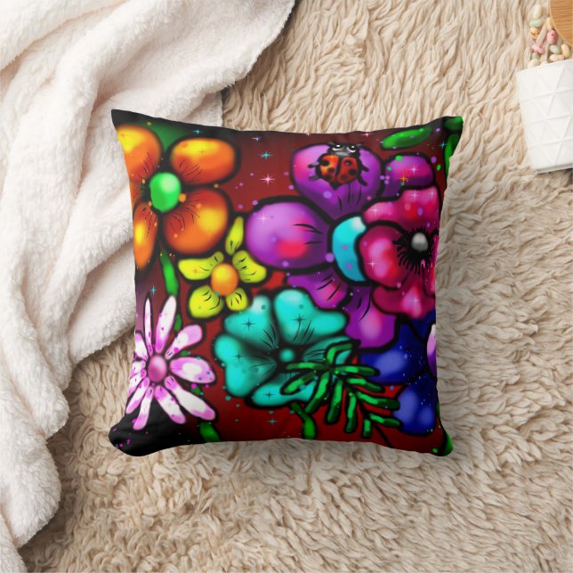 Coussin Whimsical Graffiti-Style Floral Flowers Ladybug (Couverture)