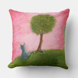 Coussin Whimsical Kitty Chat Folk Art Peinture Ciel rose