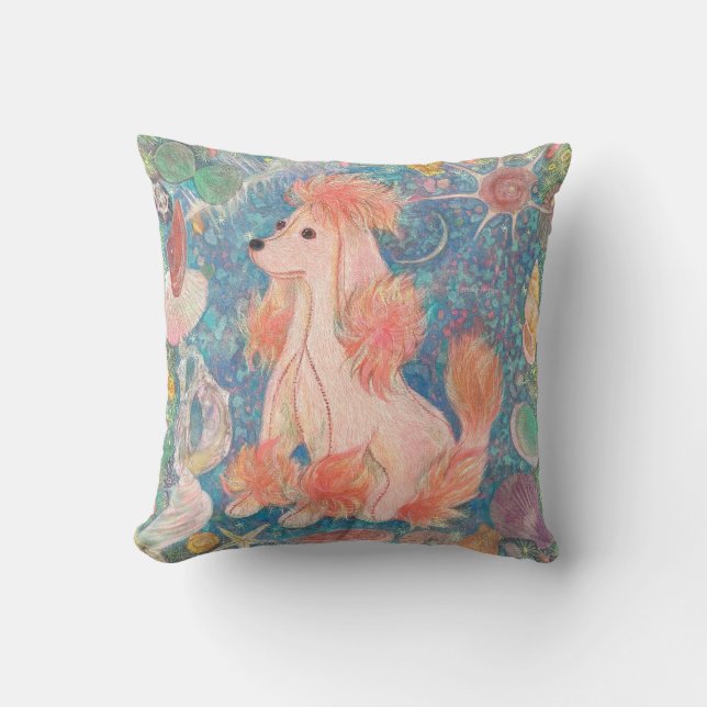 Coussin Whimsical Pink Poodle & Ocean Shells Cushion  (Recto)