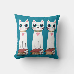 Coussin Whimsical Quirky Doodé Chat Blanc Et Livres