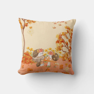 Coussin Whimsy d'automne : Hérisson dans une forêt cosy