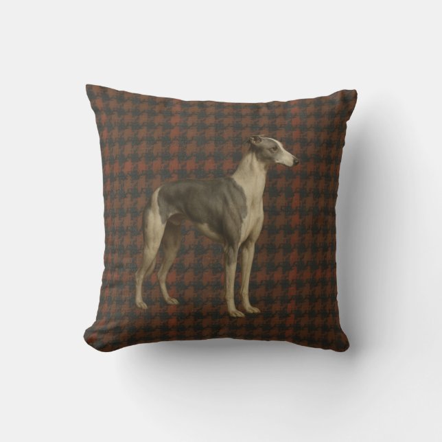 Coussin Whippet throw cushion. Whippet on tweed/tartan (Recto)
