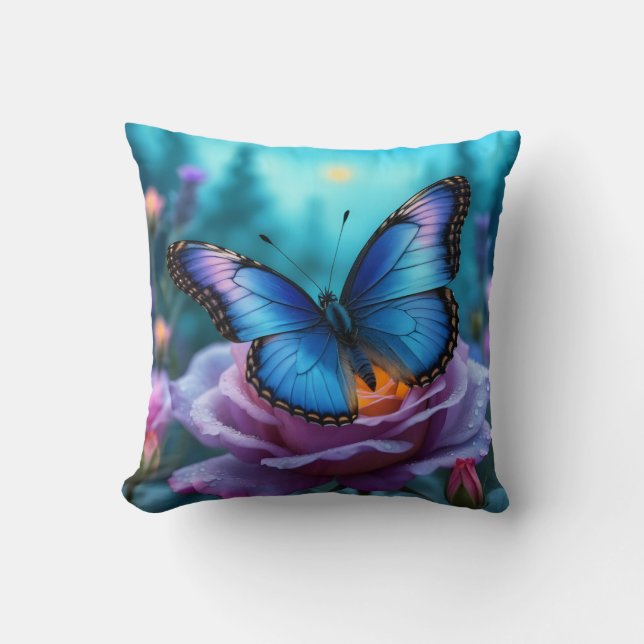 Coussin Whispers of the Garden Blue Butterfly & Mauve Rose (Recto)