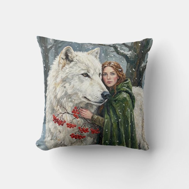 Coussin White Wolf Redhead Druid Winter Berries Fantasy Ar (Recto)