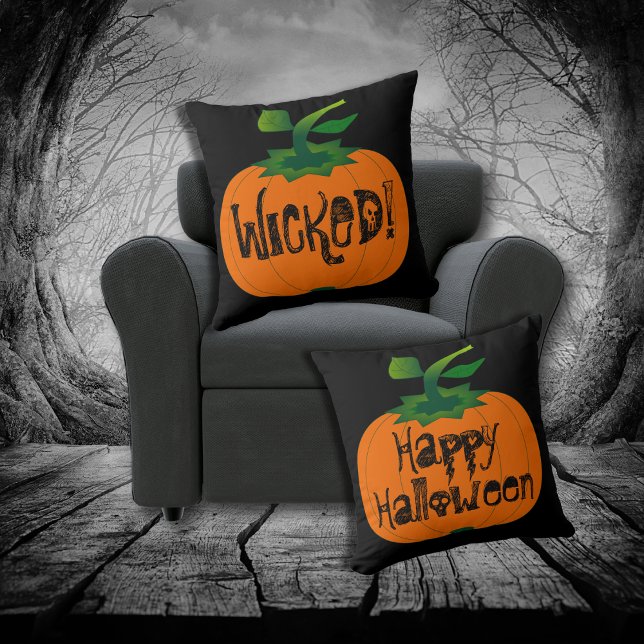 Coussin Wicked Happy Halloween Citrouille noir orange (Créateur téléchargé)