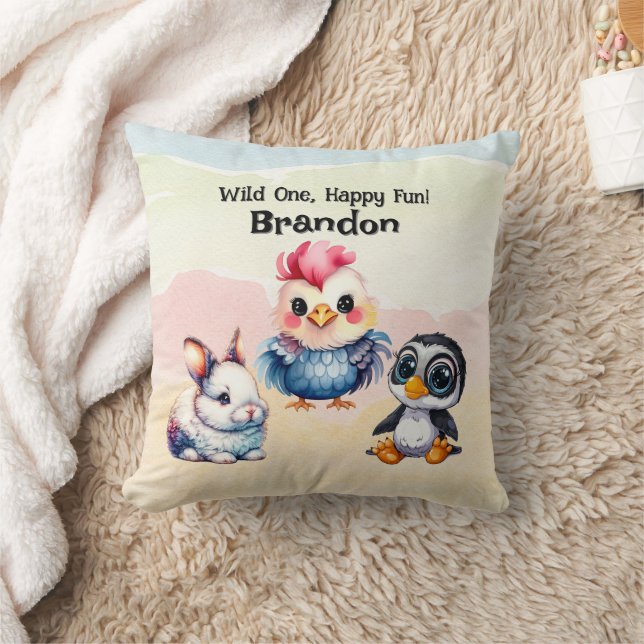 Coussin Wild One Happy Fun Woodland Animaux Aquarelle (Couverture)
