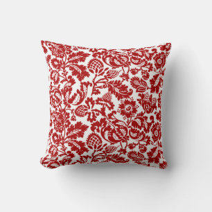 Coussin William Morris Floral Damask, Deep Red and White