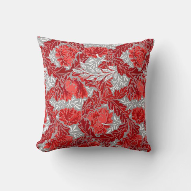 Coussin William Morris floral, rouge-foncé et gris/gris (Recto)
