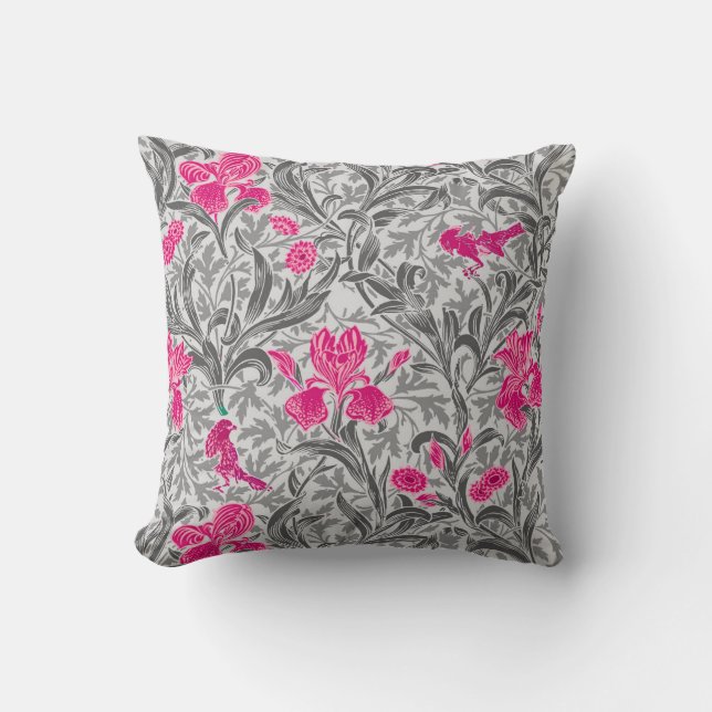 Coussin William Morris Irises, rose et gris argenté (Recto)
