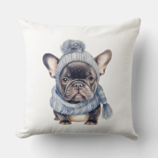 Coussin Winter Bulldog Baby in Blue Cap and Scarf 