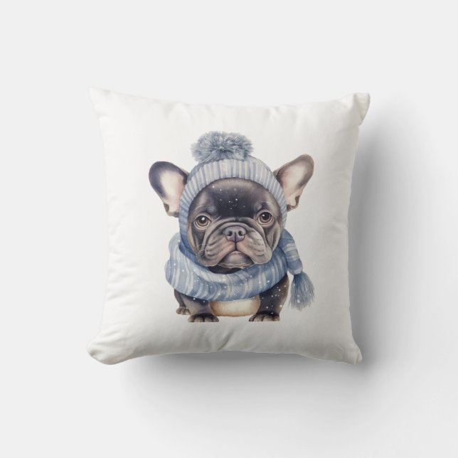Coussin Winter Bulldog Baby in Blue Cap and Scarf (Recto)