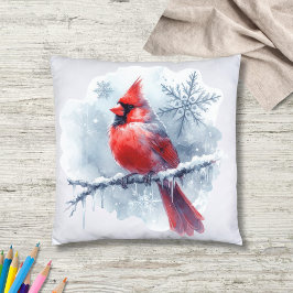 Coussin Winter Cardinal with Snowflakes on Icy Branch