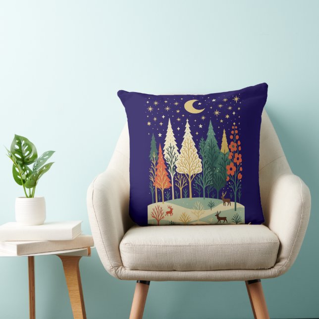 Coussin Winter Forest Night Throw Pillow | Moon & Deer Nat (Chaise)