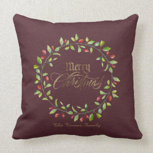 Coussin Winter Red Berries Wreath Gold Joyeux Noël