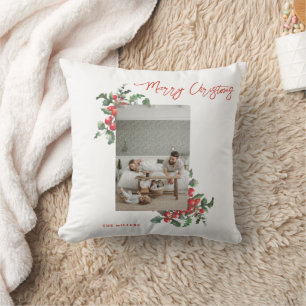 Coussin Winterberry Holly   Joyeux Noël   Photo de famille