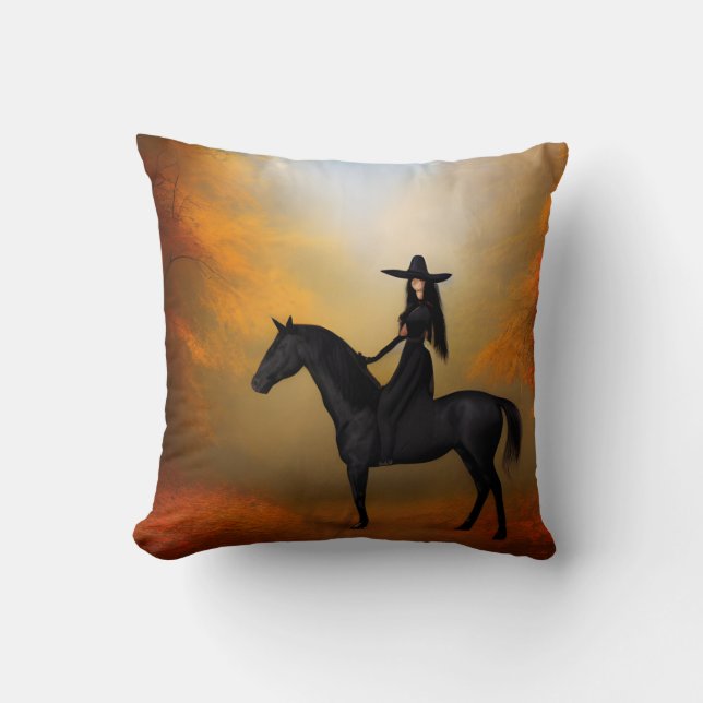 Coussin Witch on a Black Horse in Autumn Throw Pillow (Recto)