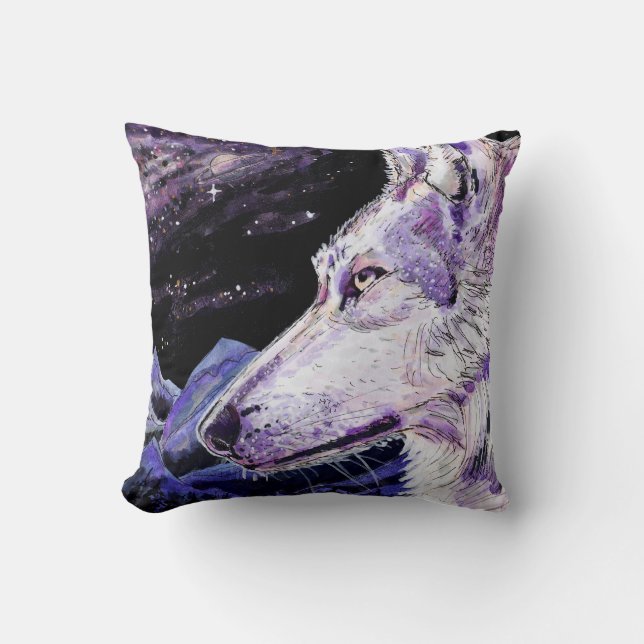 Coussin Wolf Space Mountains Forêt Peinture (Recto)
