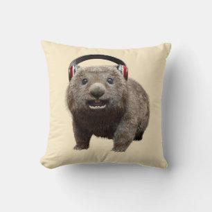 Coussin Wombat Mignon avec Casque Amoureux de Musique Art