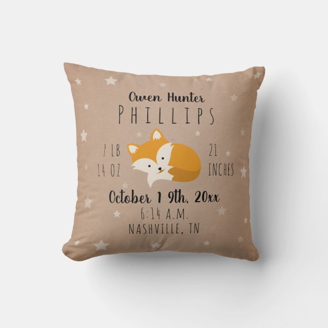Coussin Woodland Stars Sleepy Fox Birth Stats Nursery (Recto)