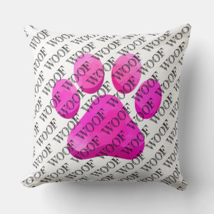 Coussin WOOF typographie chien rose empreinte de patte mod