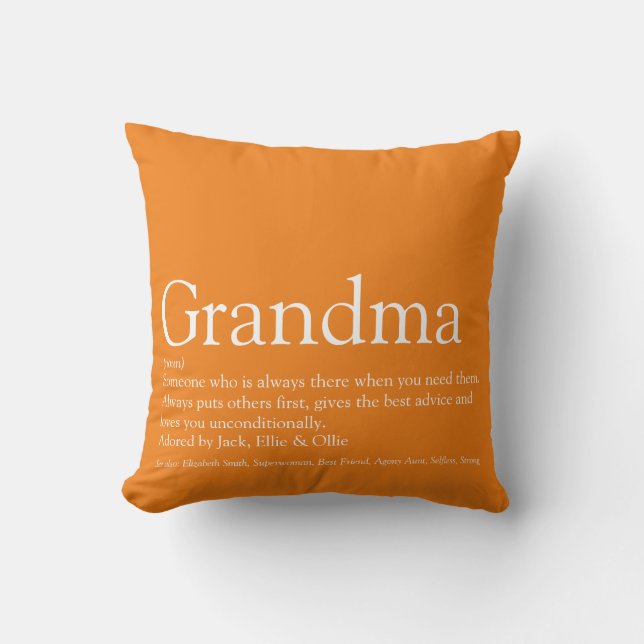 Coussin "World's Best Ever Grandma Granny Définition orang (Recto)