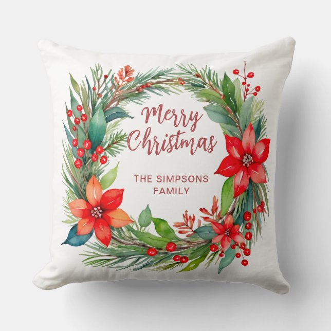 Coussin Wreath moderne et script | Joyeux Noël (Recto)