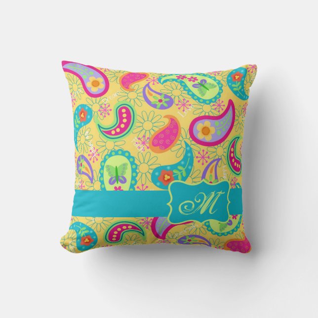 Coussin Yellow Turquoise Moderne Pasley Motif Monogramme (Recto)