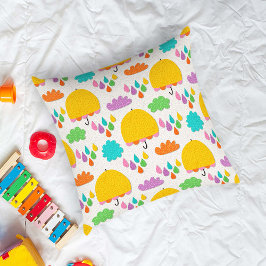 Coussin Yellow Umbrellas with Clouds and Raindrops