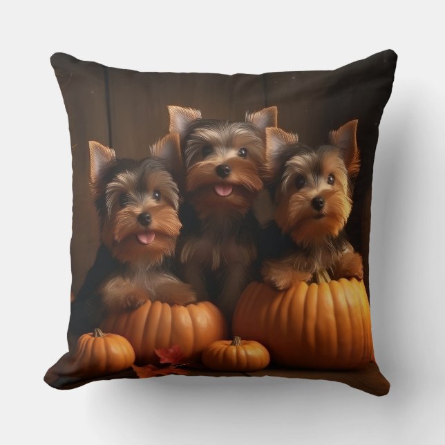 Coussin Yorkshire Terrier Chiot Automne Citrouille délice (Recto)