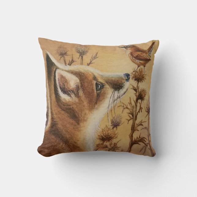 Coussin Young Red Fox & Carolina Wren Bird Watercolor Art (Recto)