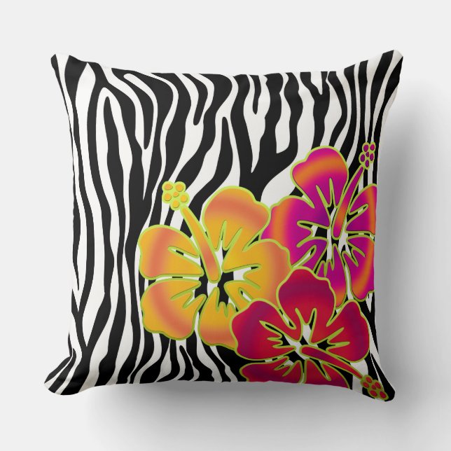 Coussin Zebra Stripes motif + fleurs d'hibiscus (Recto)