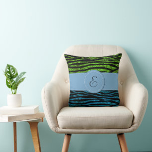Coussin Zèbre bleu, Zèbre vert, Zèbre Parties scintillant,