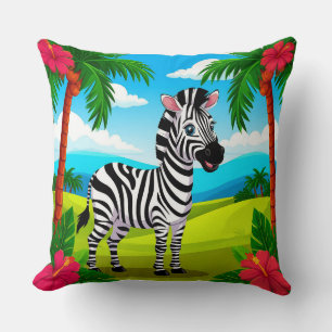 Coussin Zèbre de dessin animé joyeux dans un paysage tropi