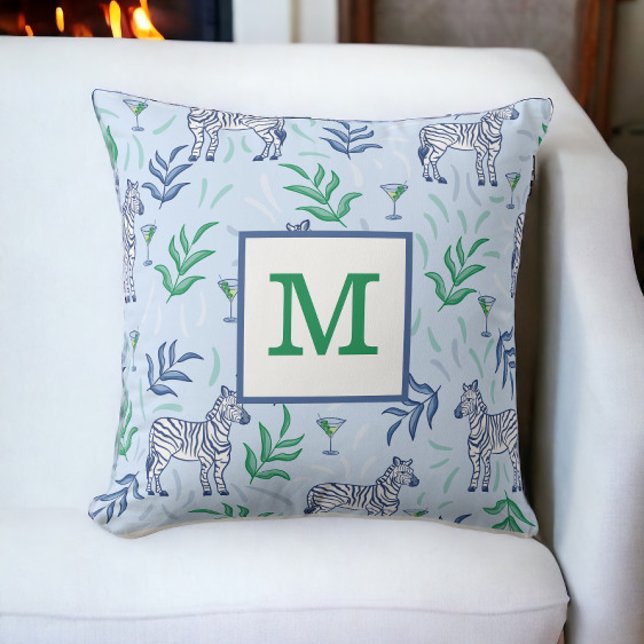 Coussin Zèbres Préclassiques et Martinis Bleu Monogramme  (Créateur téléchargé)