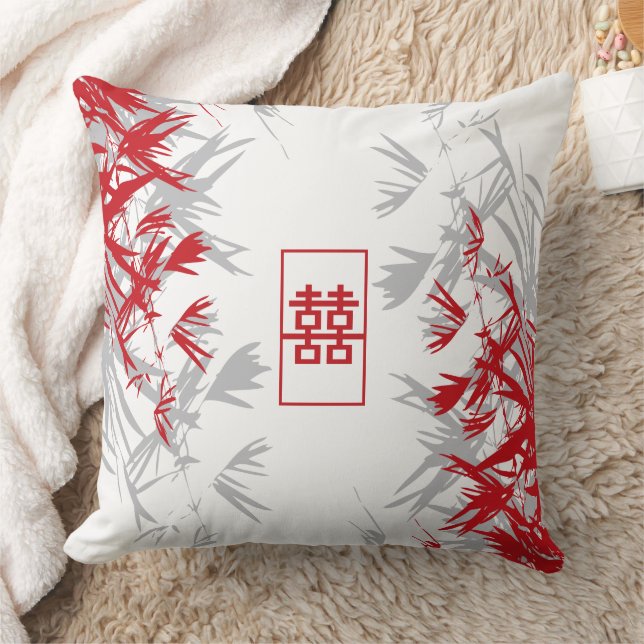 Coussin Zen Red Gris Bamboo Feuille Moderne Double Bonheur (Couverture)