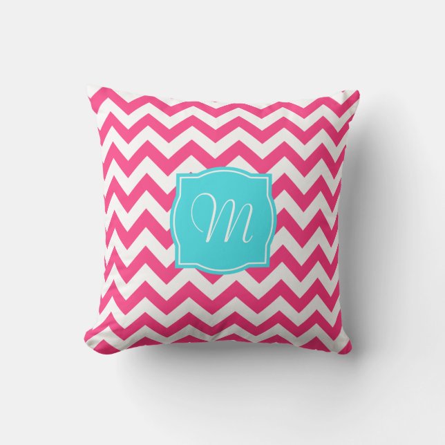 Coussin Zigzag et monogramme roses de turquoise (Recto)