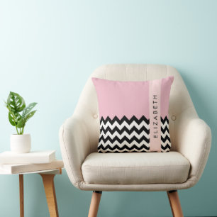 Coussin Zigzag noir et blanc, Chevron, rose, Votre nom