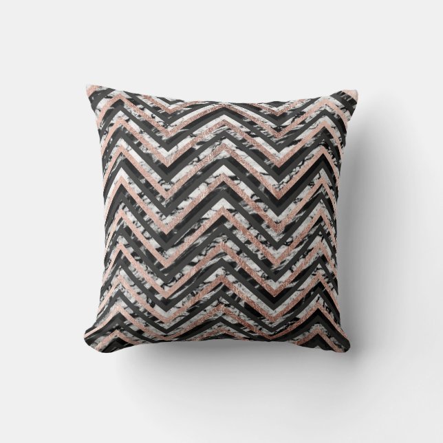Coussin Zigzag rose de Chevron d'or de marbre noir et (Recto)