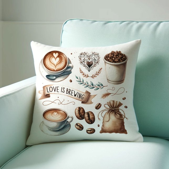 Coussins à Thème Café (Love is brewing coffee lover bridal shower decor or gift with illustrated coffee-house art)