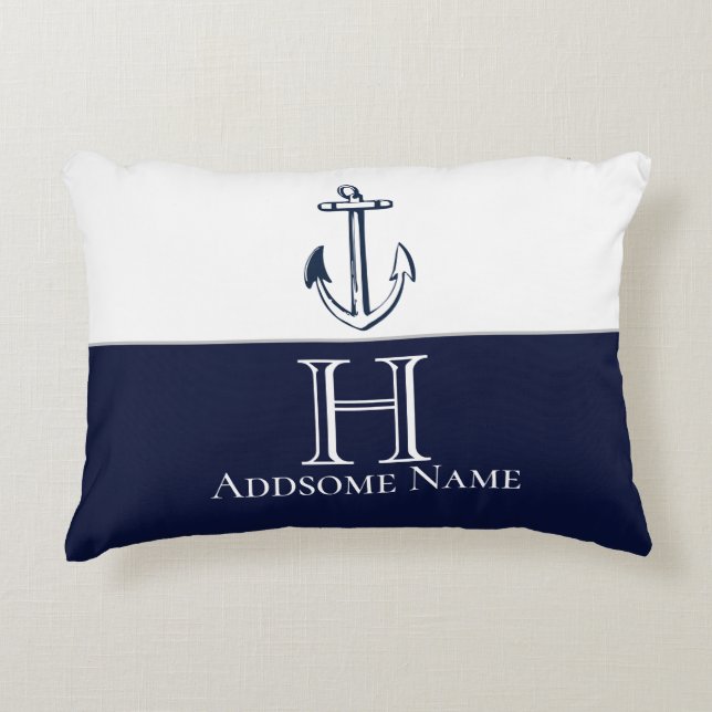 Coussins Décoratifs Ancre Bleue de la marine nautique Monogramme (Devant)