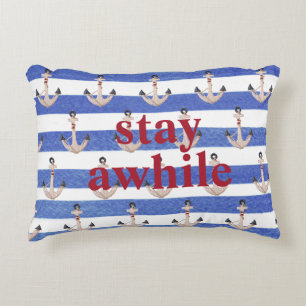 Coussins Décoratifs ancres nautiques sur rayure bleu aquarelle