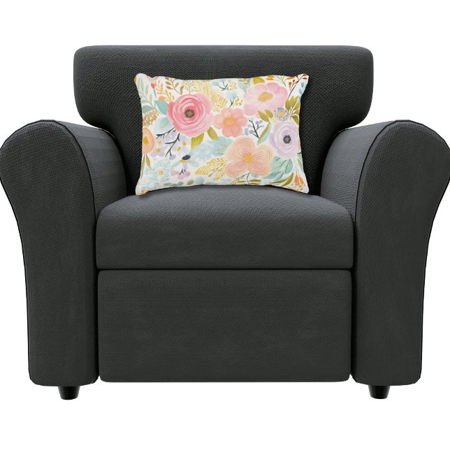 Coussins Décoratifs Aquarelle bleu rose pastel Floral Botanique (Watercolor Pastels Pink Blue Green Gold Brown Floral Botanical lumbar pillow. Bedroom pillow)