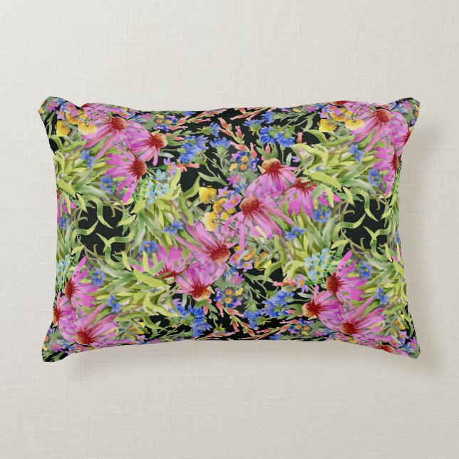 Coussins Décoratifs Aquarelle Florale motif jaune vert rose (Devant)