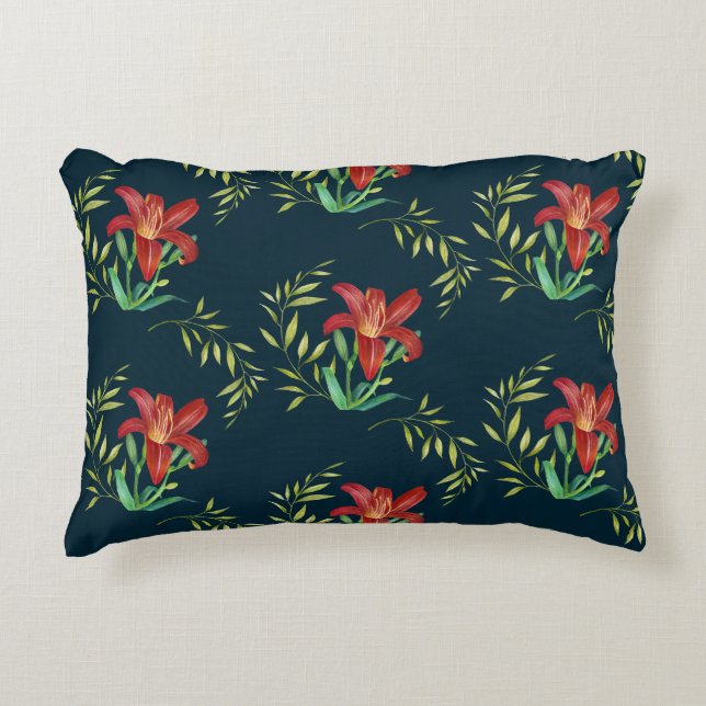 Coussins Décoratifs Aquarelle Orange Lily Illustration Turquoise foncé (Devant)