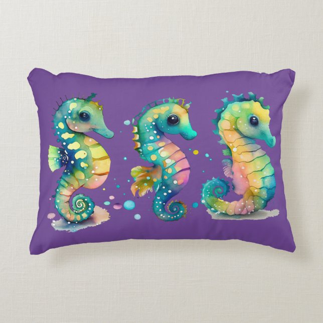 Coussins Décoratifs Aquarelle Pastel Rainbow Seahores (Devant)