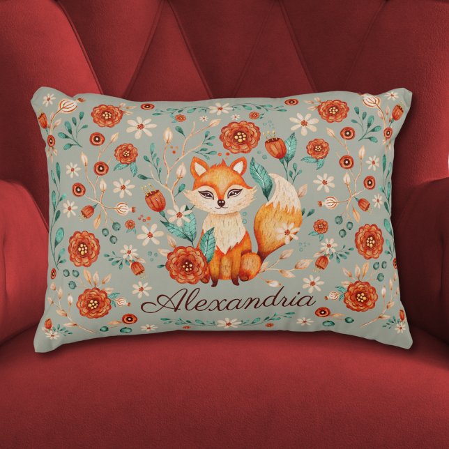 Coussins Décoratifs Aquarelle Whimsical Fox Woodland Nom Nursery (Whimsical Ornate Floral Fox pillow with custom name Maximalist style nursery decor baby room)